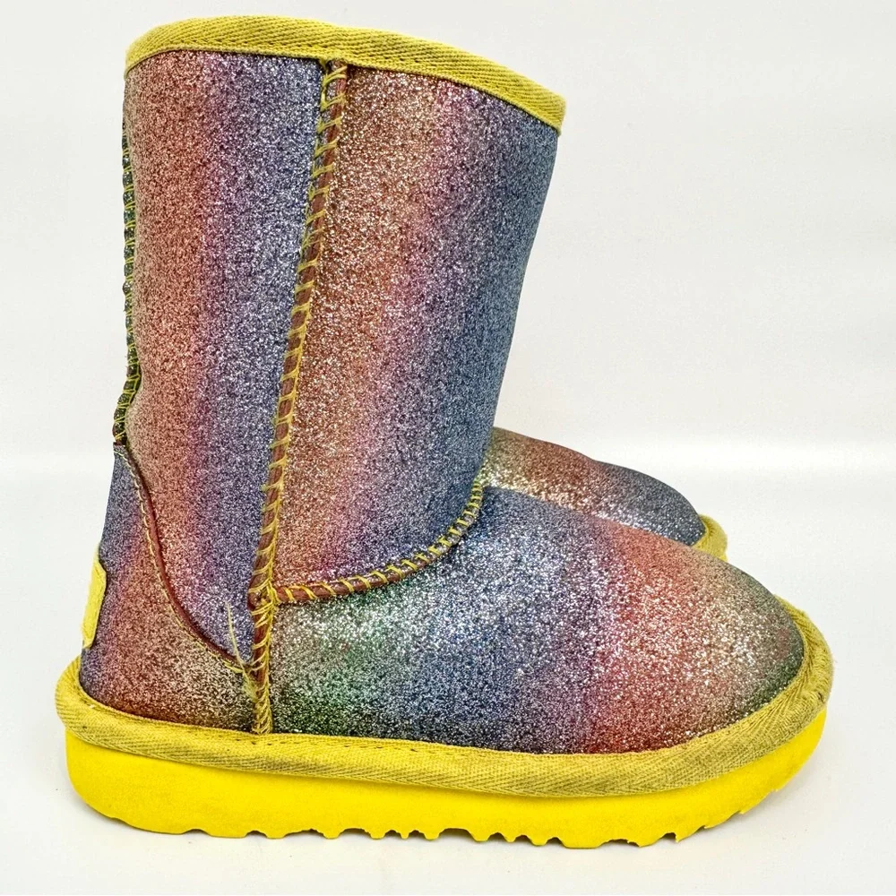 UGG Classic Glitter II Rainbow Yellow Trim Lined Toddler Girls Boots Size 10